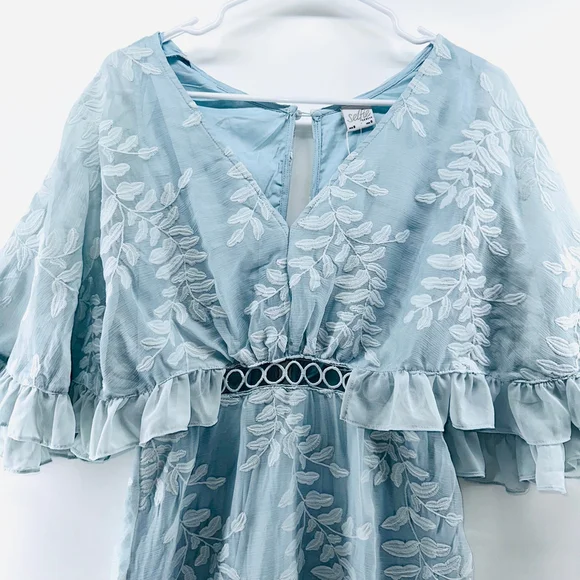 NWT SELFIE LESLIE Caspar Leafy Romantic EMBROIDERED DRESS Mod BABY BLUE WOMENS S - Picture 3 of 11